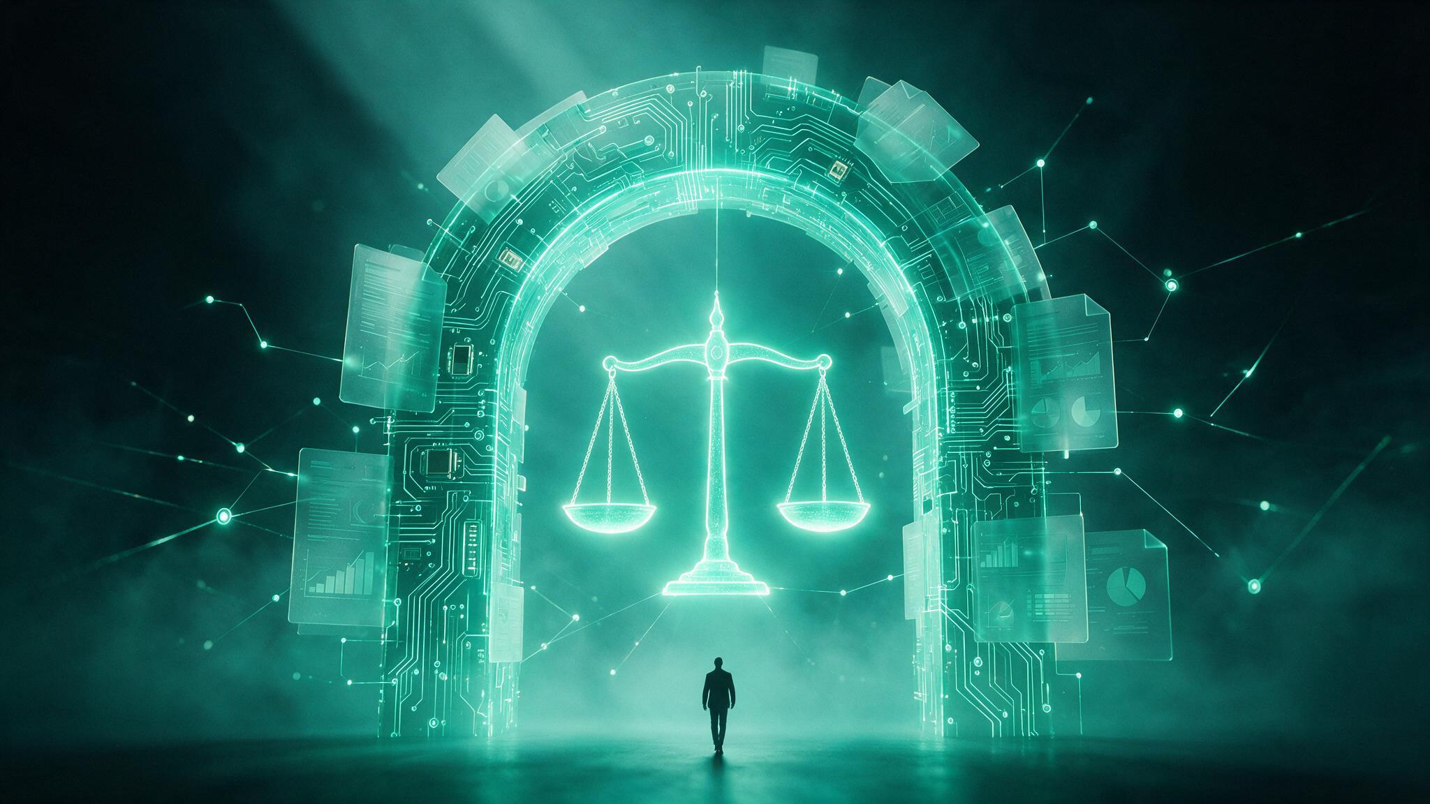 Un arco luminoso de circuitos con una balanza de la justicia en el centro y una figura humana diminuta que camina hacia él, metáfora de la empresa ante el nuevo marco regulador de la IA