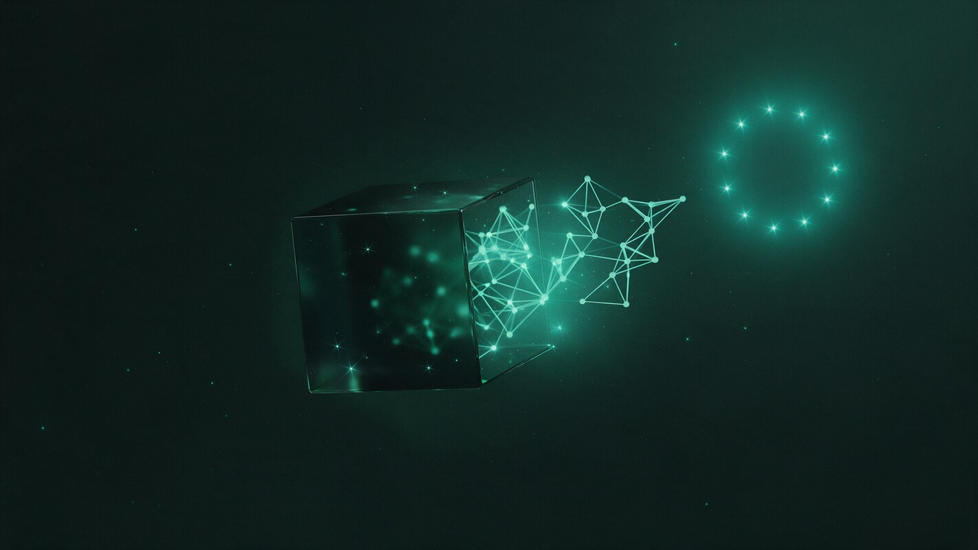 Una red luminosa de nodos turquesa que sale por el lado abierto de un cubo de cristal oscuro y se dirige hacia un anillo de doce estrellas, metáfora de un agente de IA que abandona su entorno de pruebas y entra en el ámbito de la Unión Europea